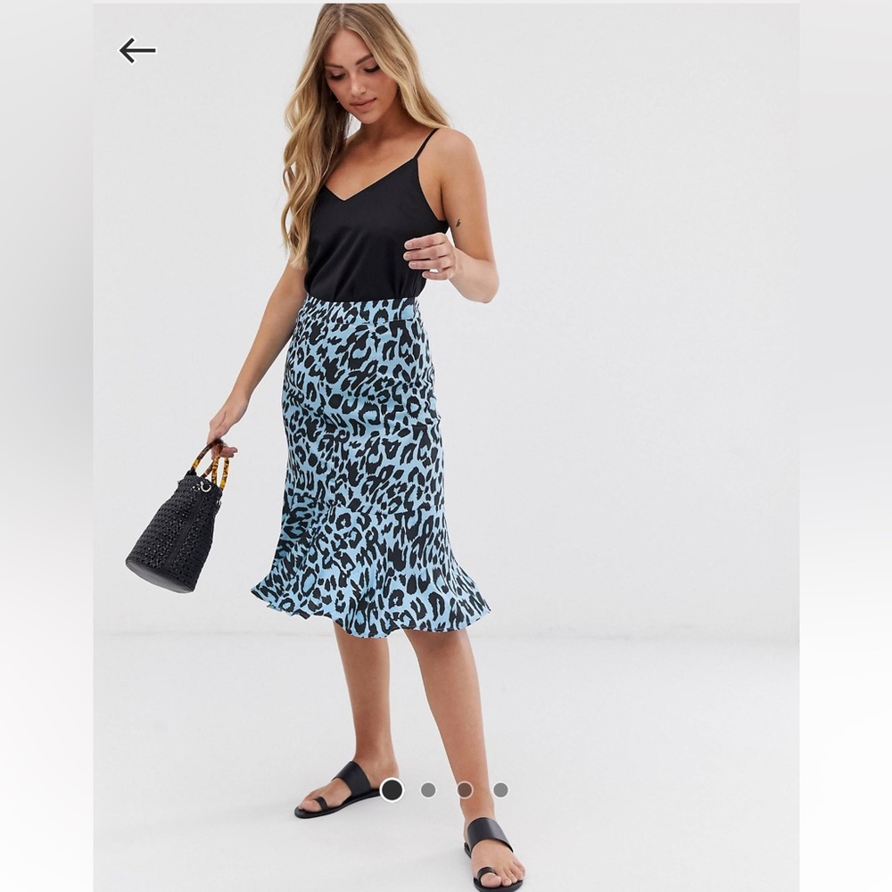 ASOS Blue & Black Satin Leopard Animal Patterned Midi Ruffle Modest Slip Skirt - Picture 2 of 10